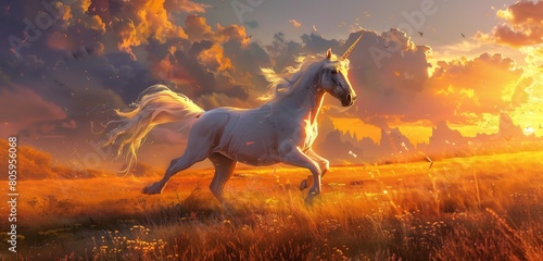 A graceful unicorn galloping gracefully across a golden meadow as the sun sets in the distance. 