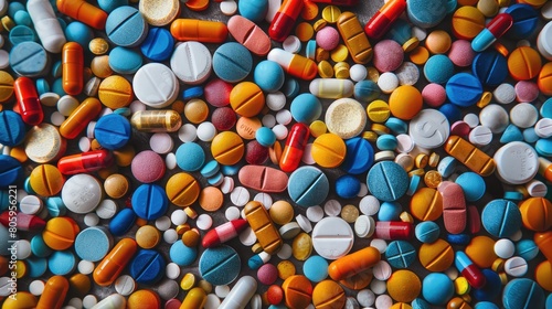 An array of multicolored pharmaceutical pills and capsules, including opioids, vitamins, and a variety of medicines, scattered across a surface, representing healthcare and medication, Generative Ai