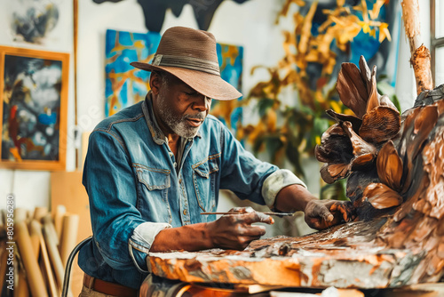 A focused middle-aged Afro-American artist working on a new sculpture in his studio, pouring heart and soul into his creative expression.
