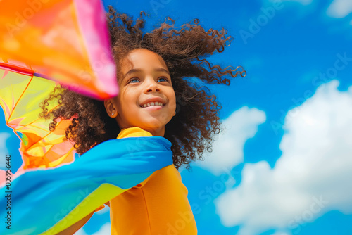 A joyful Afro-American child playing with a kite in a sun-drenched park, the colorful fabric soaring against the brilliant blue sky.