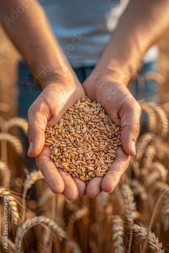 farmer holds grains of wheat in his hands against the background of a field, Generative AI,