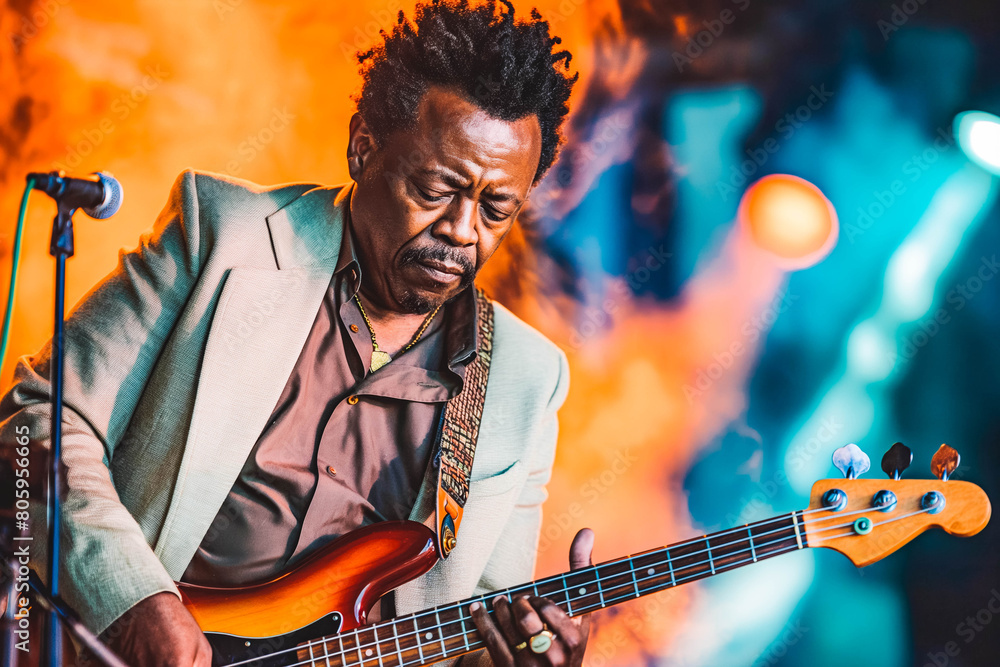 Obraz premium An accomplished Afro-American musician performing on stage with passion and flair, captivating audiences with the power of music.