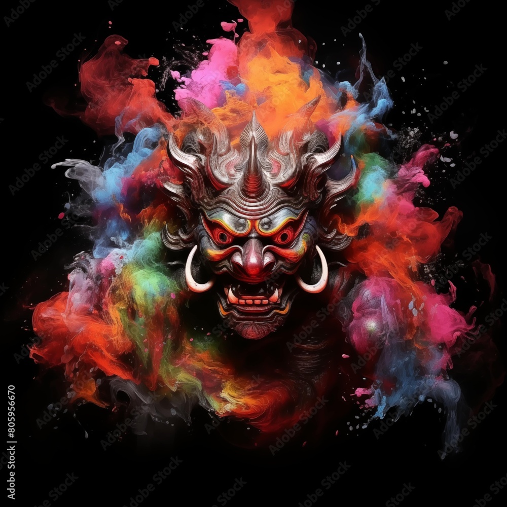 Abstract Colorful Illustration of an Oni on a Black Background