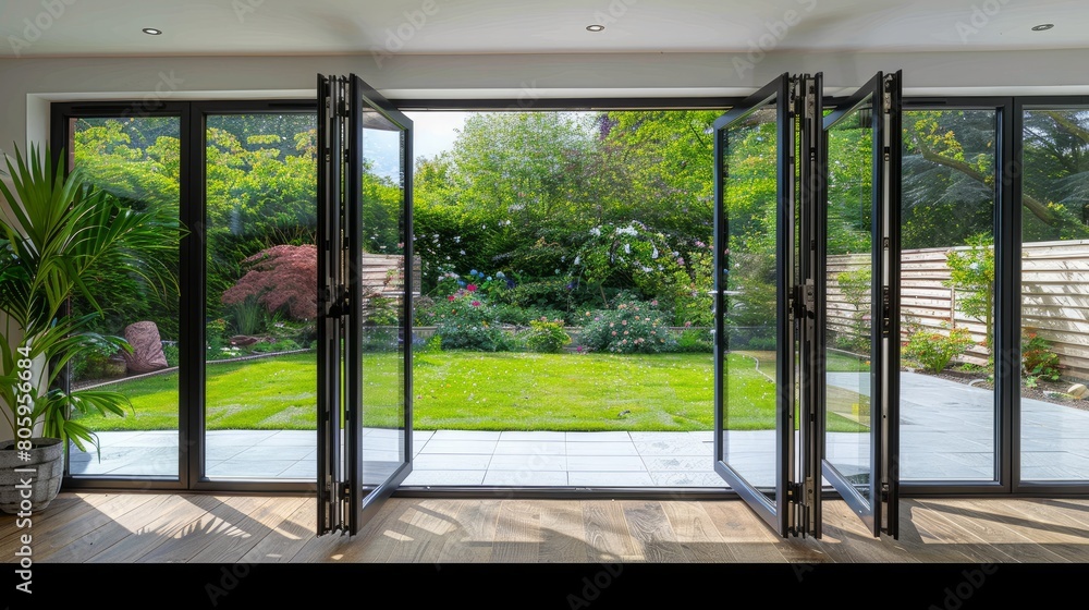 A beautiful garden and patio in summer are seen from a stylish designer room through bifold doors A beautiful garden and patio in summer are seen from a stylish designer room through bifold doors