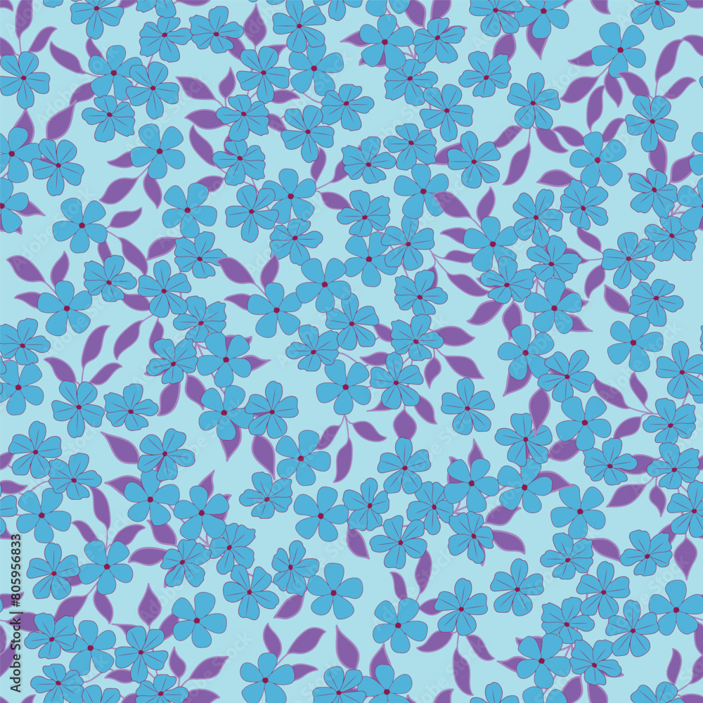 An intricate pattern of purple, violet, aqua, and magenta flowers on an electric blue background. This artistic design would make a stylish fashion accessory or a beautiful piece of art An intricate pattern of purple, violet, aqua, and magenta flowers on an electric blue background. This artistic design would make a stylish fashion accessory or a beautiful piece of art