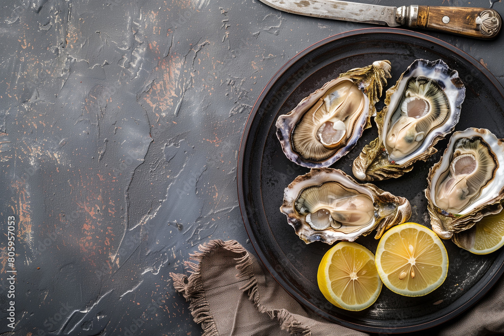 Opened oysters on plate with Lemon and ice Opened oysters on plate with Lemon and ice