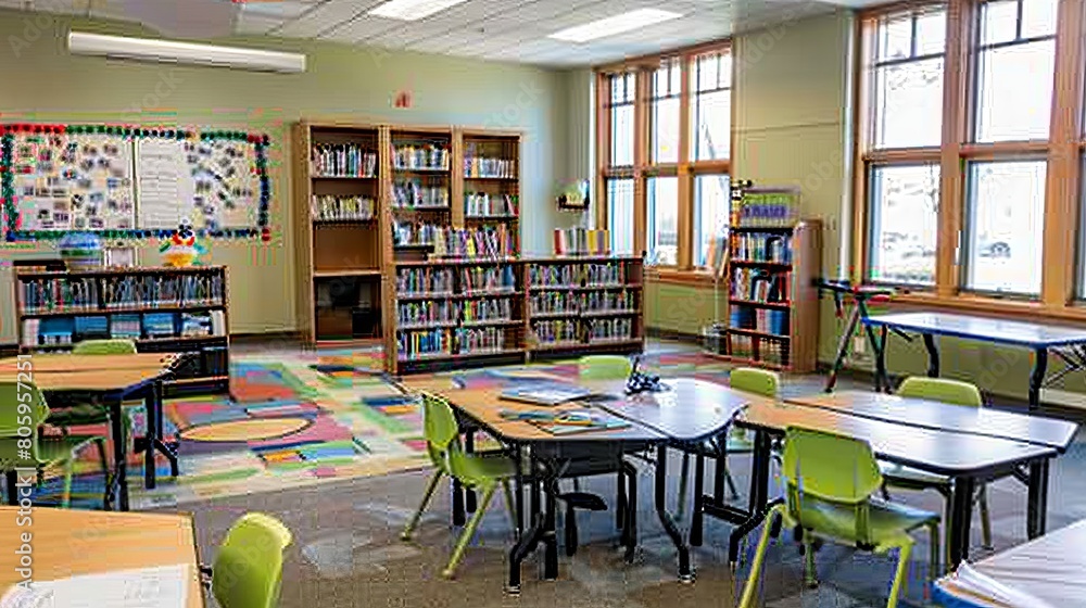 The Educational Sanctuary: A pristine classroom with desks, bookshelves, and interactive technology, fostering a love of learning