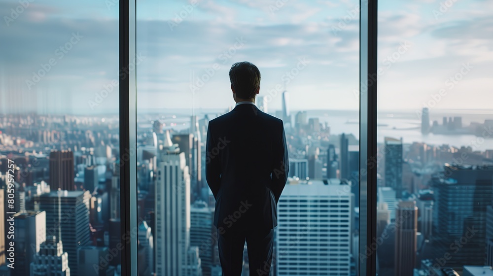 Businessman in suit, standing by window, contemplating city skyline. Modern office setting, representing leadership, success in corporate world. Businessman in suit, standing by window, contemplating city skyline. Modern office setting, representing leadership, success in corporate world.