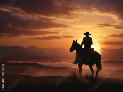 silhouette of a cowboy riding into the sunset