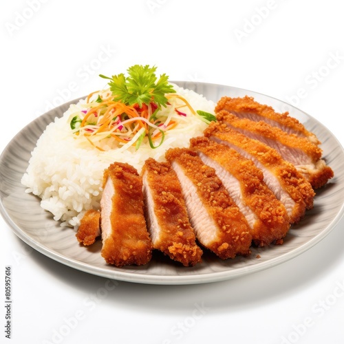 Fried meat strips with boiled rice in plate isolated on white background