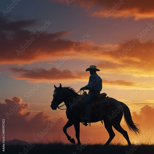 silhouette of a cowboy riding into the sunset
