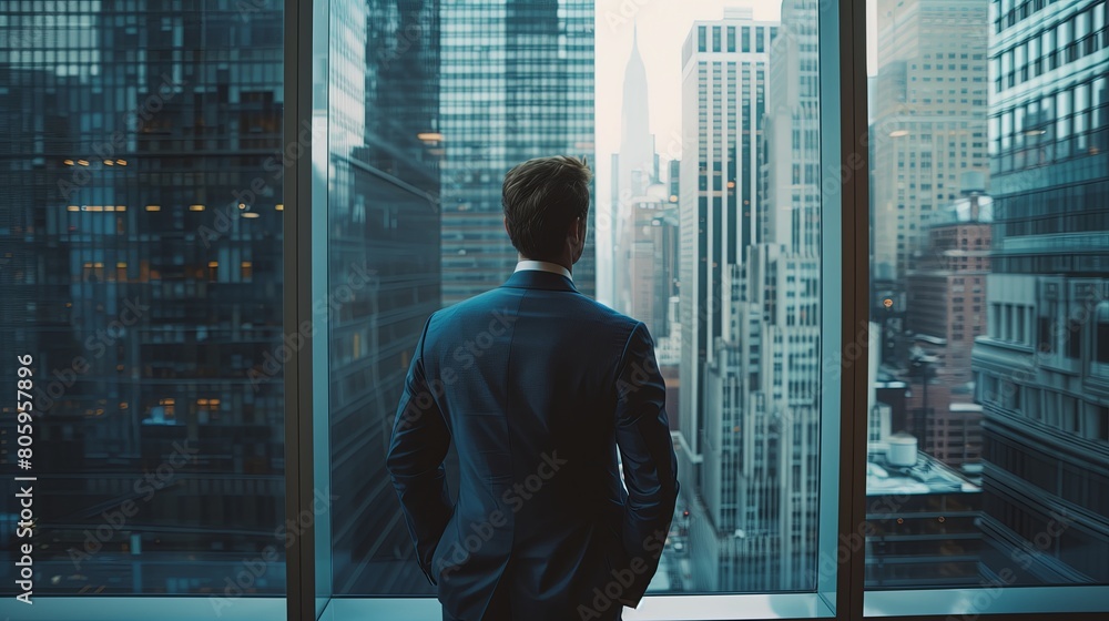Thoughtful businessman in suit, standing by window, overlooking city skyline. Concept of global business leadership, creative and successful corporate management.
