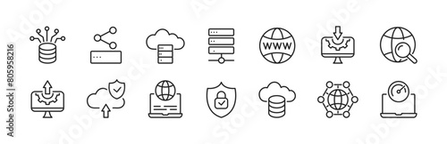 Web Hosting icon set. Server, cloud computing, internet, CDN, SSL, VPN. Vector