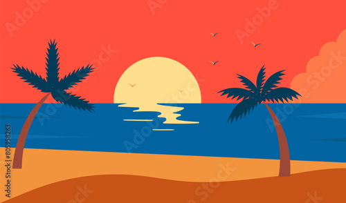 Sunset summer tropical beach. Summer beach background. Vector illustration