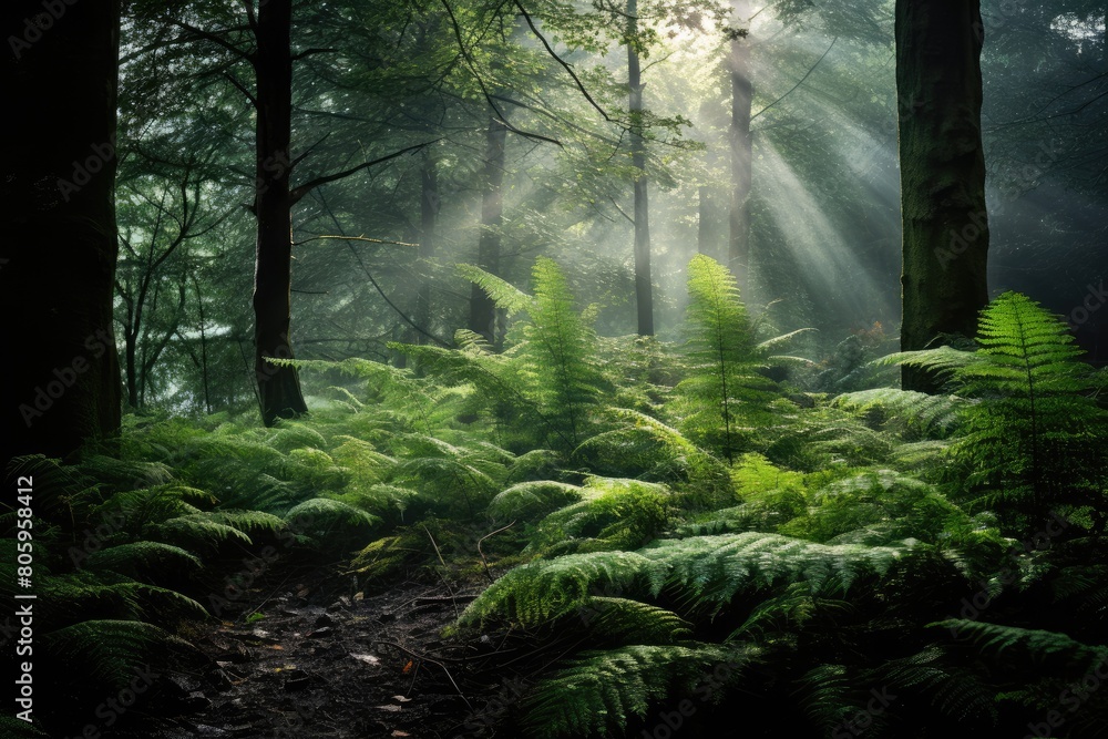 Obraz premium Ferns in a mystical, enchanted forest.