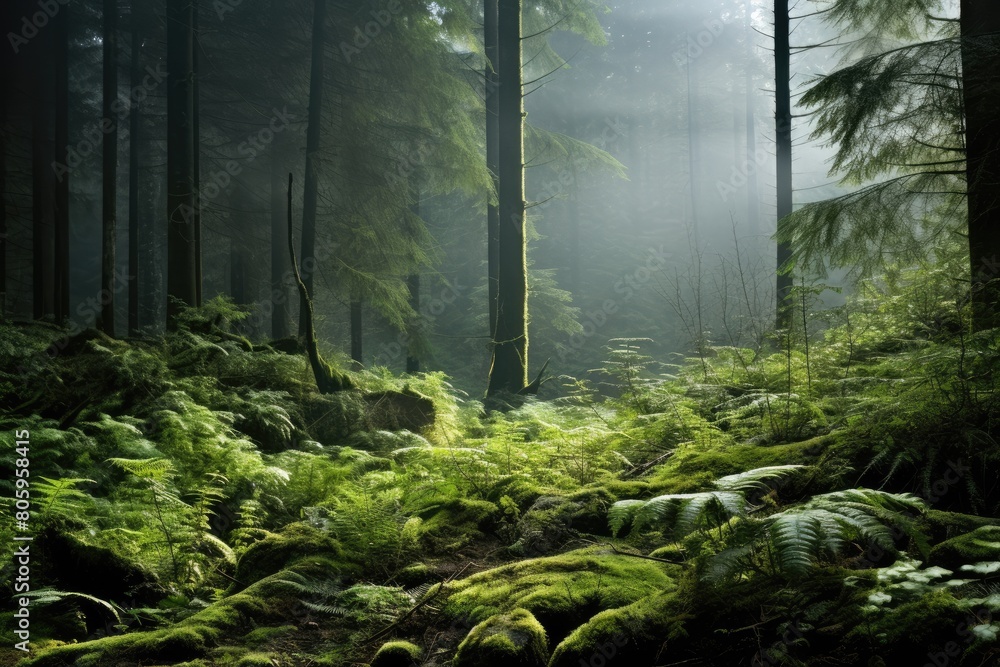 Fototapeta premium Ferns in a mystical, enchanted forest.