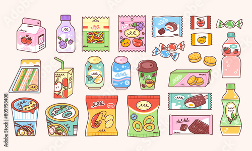 Snack food including instant ramen, bag of chips, soda cans, chocolate, ice cream, candy pack, biscuits and sweet beverages. Vector illustration of junk food in cute flat style.