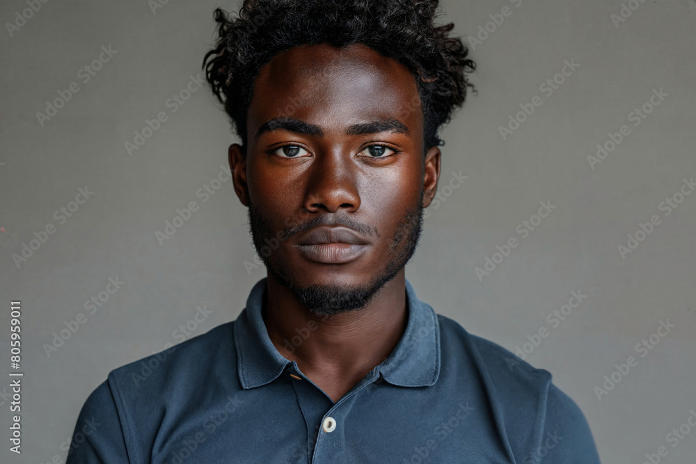 Black man with curly hair wearing a blue shirt against grey plain background, copy space Black man with curly hair wearing a blue shirt against grey plain background, copy space