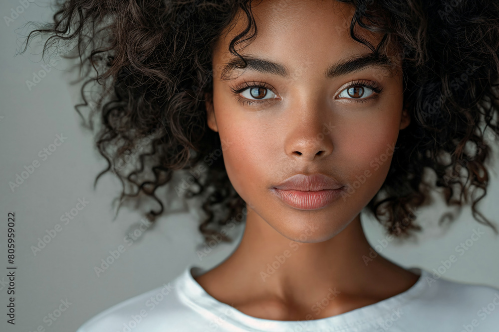 Close up portrait of young beautiful black woman in white t-shirt against white background Close up portrait of young beautiful black woman in white t-shirt against white background