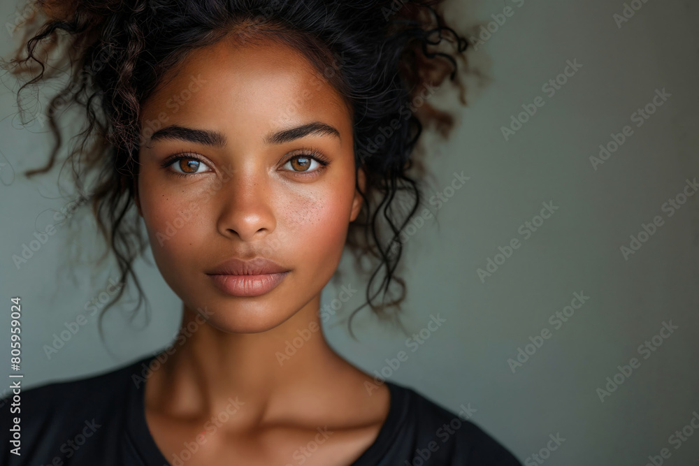 Close-up shot of a black woman with curly hair against gray neutral background with ,copy space Close-up shot of a black woman with curly hair against gray neutral background with ,copy space