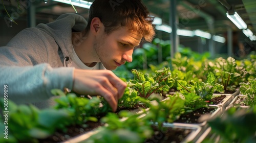 A farmer inspects a fresh oak mustard green salad with his hands. Organic hydroponic vegetables in a nursery farm Business idea and organic hydroponic vegetables