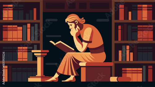 An antique bronze figure of a philosopher captured in a moment of contemplation with one hand resting on his book displayed in a grand library.. Vector illustration