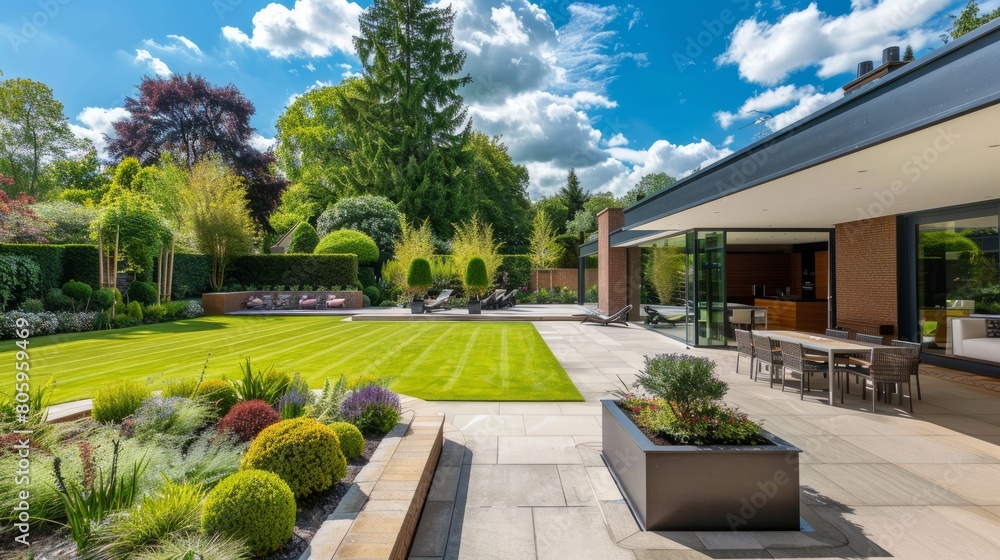 View through open bifold doors of attractive garden on a summer evening with lighting View through open bifold doors of attractive garden on a summer evening with lighting