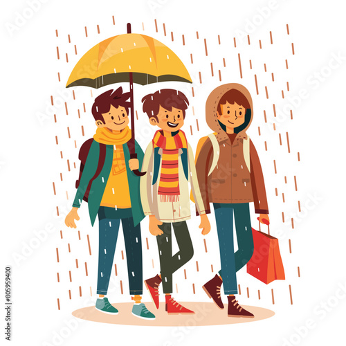 Three young adults walking under yellow umbrella during rain. Friends enjoying stroll despite rainy weather, one carrying shopping bag. Smiling cartoon characters sharing umbrella stay dry
