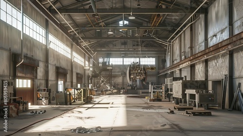 The Industrial Edge  A vast warehouse with exposed beams  metal accents  and heavy machinery