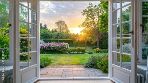 View through open bifold doors of attractive garden on a summer evening with lighting photo