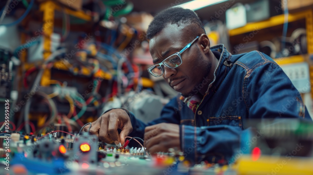 Amidst the hum of machinery, the African American engineer focuses intently on soldering wires, a crucial step in robot assembly.