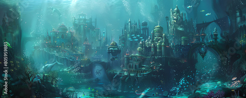 Illustrate a bustling underwater city where mermaids and sea creatures mingle, with a dynamic perspective that immerses the viewer in a fantastical world beneath the waves