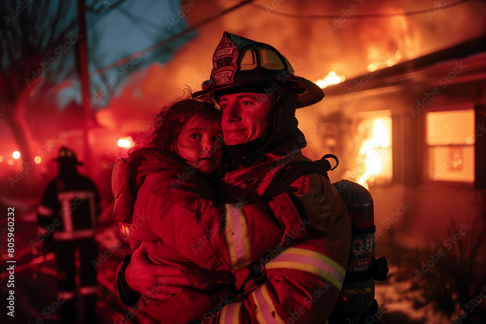A Fireman Saves a Little Crying Girl From a Fire. A Fireman Holds a Child in his Arms against the backdrop of a burning house