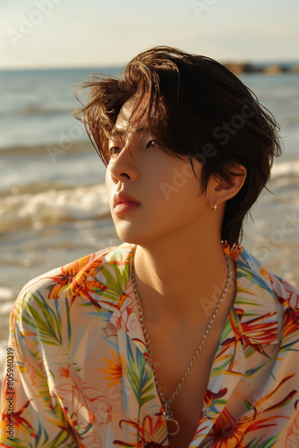 Portrait of young handsome korean man on the beach with sunset light