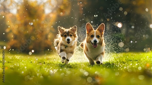 In the sunlight, a corgi dog and fluffy cat romp together on the green grass, surrounded by glistening water droplets in the air photo
