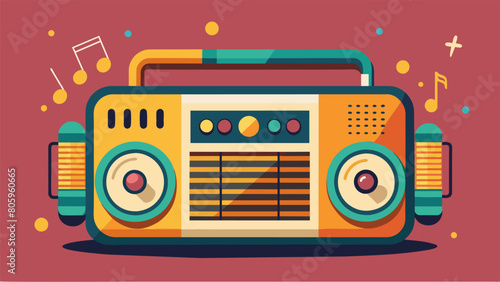 A vintage radio blares out classic rock tunes adding to the nostalgic atmosphere of the event.. Vector illustration