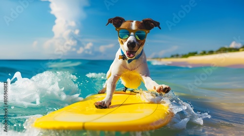 A dog with sunglasses is surfing on a yellow surfboard in the ocean. The waves are crashing around him and there is a beach in the background © Mohsin