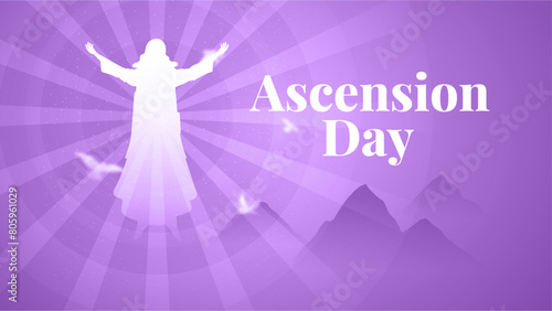 Ascension Day Purple digital banner design with Jesus Christ in the sky vector illustration. Illustration of the ascension of Jesus Christ. Jesus in radiance with a halo. Jesus Web banner design.