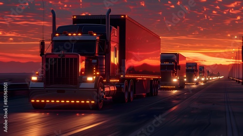 A fleet of semi-trucks are driving down the highway with their headlights on, against a red sky at sunset