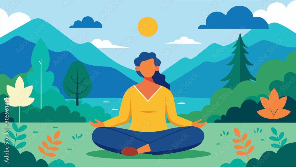 A guided meditation session in nature with natural sounds and calming music to promote mindfulness and relaxation.. Vector illustration