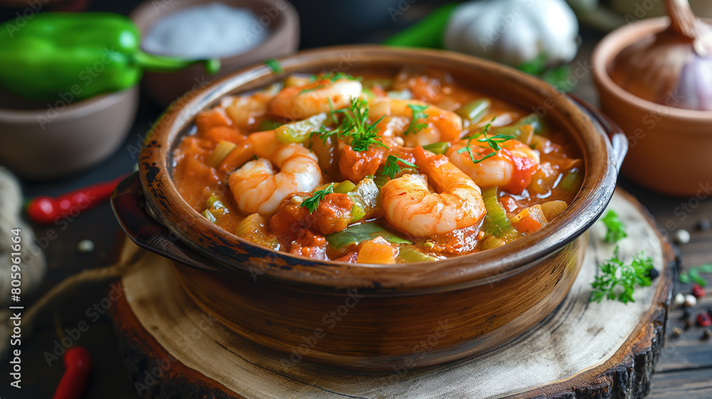 Shrimp and vegetables in tomato sauce, rustic bowl on a wooden table with ingredients around it. A traditional New Orleans dish Shrimp and vegetables in tomato sauce, rustic bowl on a wooden table with ingredients around it. A traditional New Orleans dish