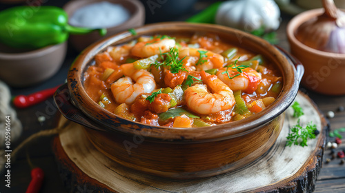 Shrimp and vegetables in tomato sauce, rustic bowl on a wooden table with ingredients around it. A traditional New Orleans dish 