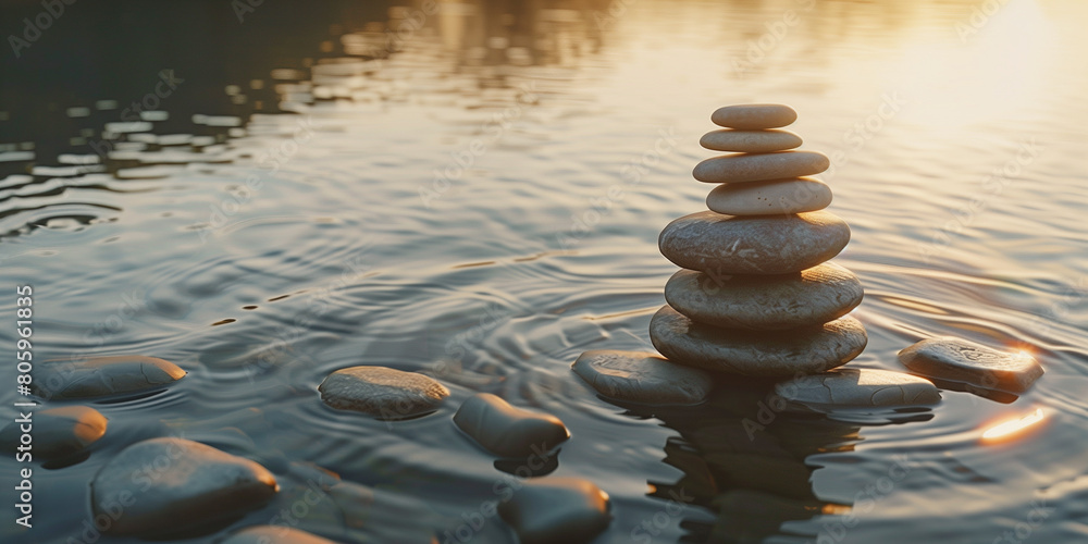 Obraz premium In a tranquil setting,a serene lake reflects the peaceful sky overhead.Standing gracefully at the water's edge are smooth stones delicately balanced on top of each other, forming an iconic zen balance