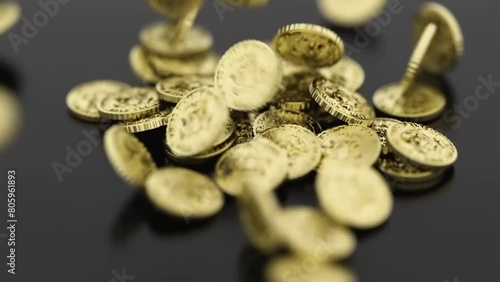Fountain of gold coins on black background. Gold coins fall on a white surface. 4k. Golden rain on black background. 3d rendering