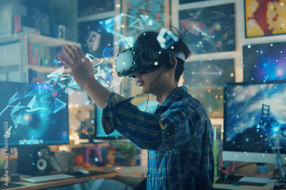 Young handsome guy in vr glasses and armament playing cyber game simulator on background with digital images. Augmented reality cyberspace, metaverse Young handsome guy in vr glasses and armament playing cyber game simulator on background with digital images. Augmented reality cyberspace, metaverse