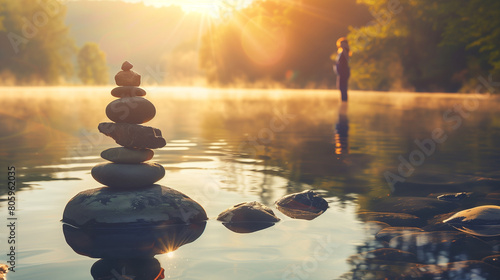 In a tranquil setting a serene lake reflects the peaceful sky overhead.Standing gracefully at the water s edge are smooth stones delicately balanced on top of each other  forming an iconic zen balance