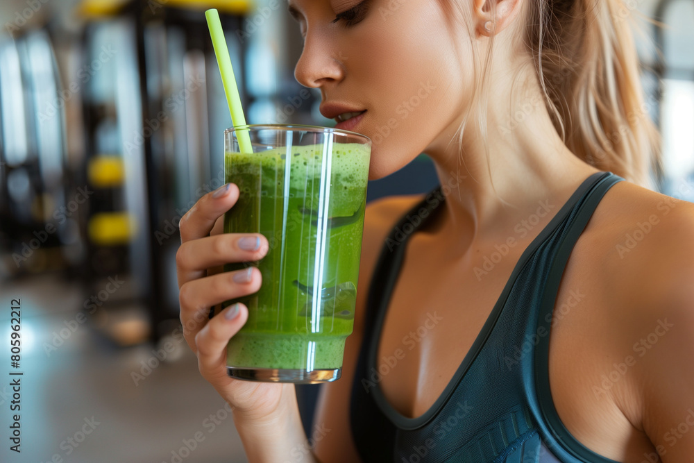 Healthy Fit Young Woman Drinking Green Smoothie post workout at Gym, healthy life concept Healthy Fit Young Woman Drinking Green Smoothie post workout at Gym, healthy life concept