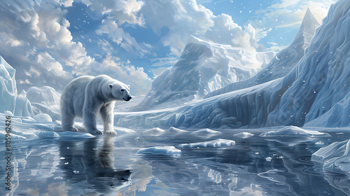 A polar bear on an ice floe in the middle of the ocean with ice sheets cloudy sky 