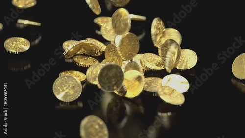 Fountain of gold coins on black background. Gold coins fall on a white surface. 4k. Golden rain on black background. 3d rendering
