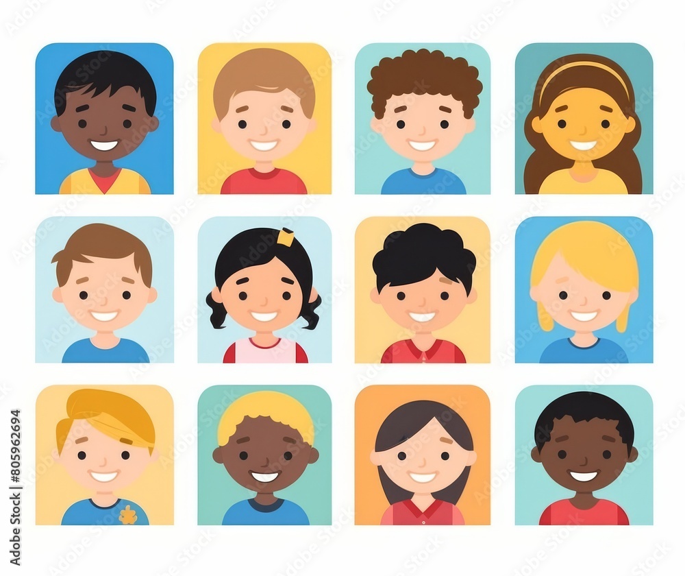 Diverse Cartoon Avatars of Children with Smiling Faces Diverse Cartoon Avatars of Children with Smiling Faces